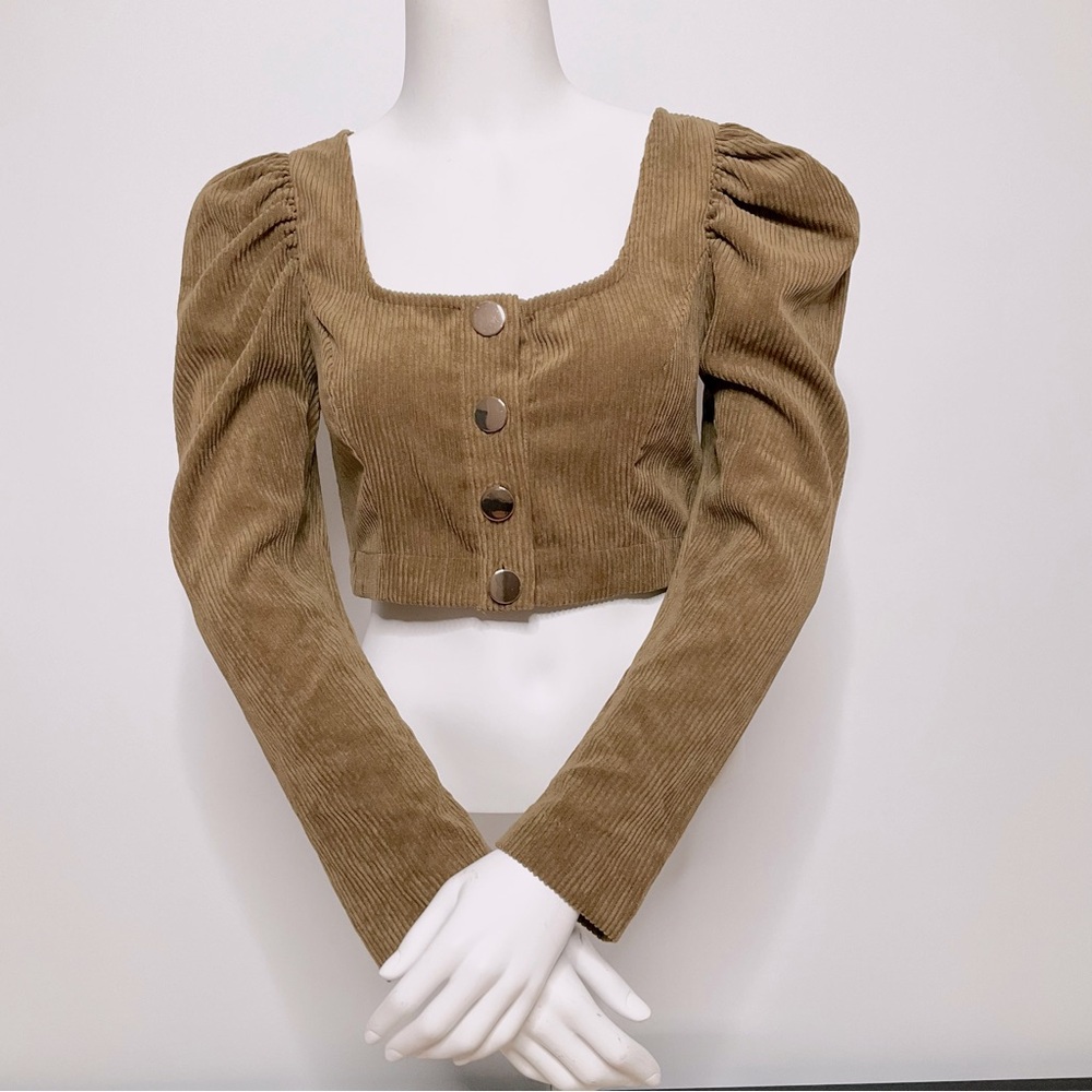 Zara Womens Brown Corduroy Crop Top Puff Sleeve SZ XS Coquette Cottagecore